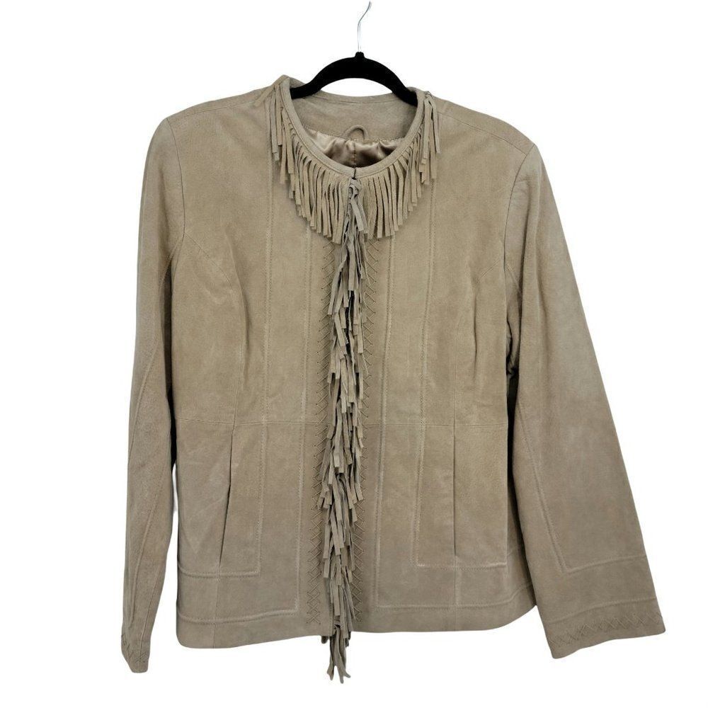 Vtg 80's Pamela McCoy Native American Fringed Leather Shacket Jacket‎ Tan Sz L